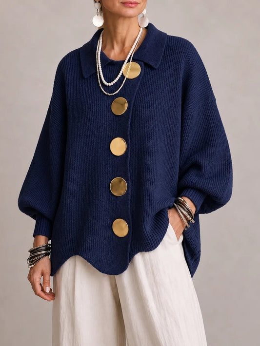Cardigan Donna Oversize a Coste con Bottoni Dorati e Orlo Smerlato