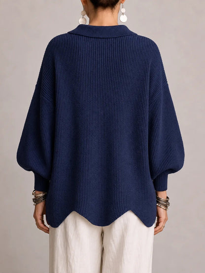 Cardigan Donna Oversize a Coste con Bottoni Dorati e Orlo Smerlato