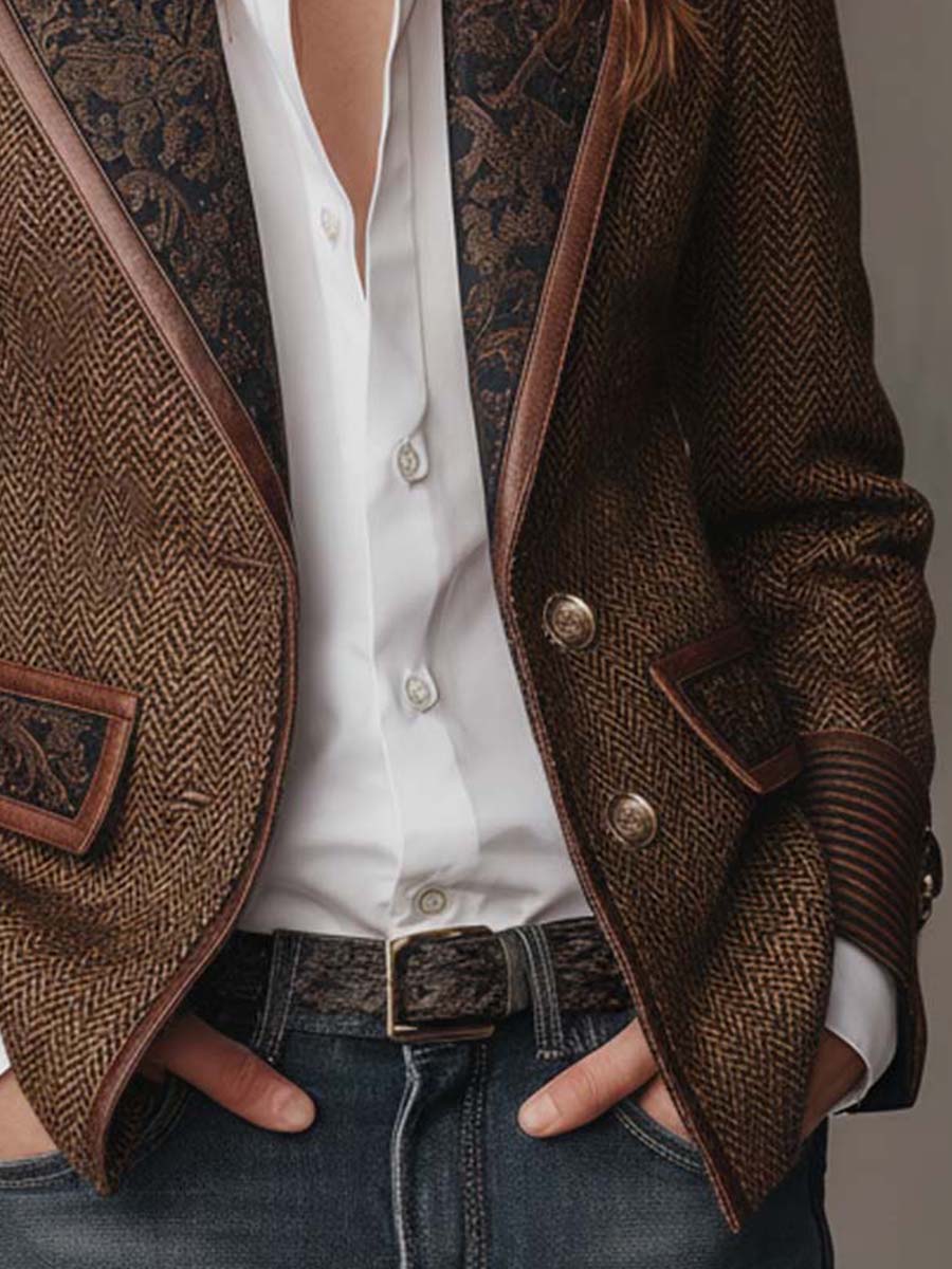Blazer Donna in Tweed Spigato Marrone con Pannelli a Contrasto