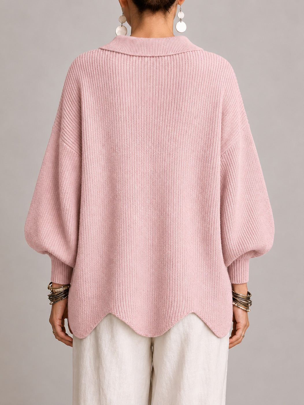 Cardigan rosa Donna Oversize a Coste con Bottoni Dorati e Orlo Smerlato