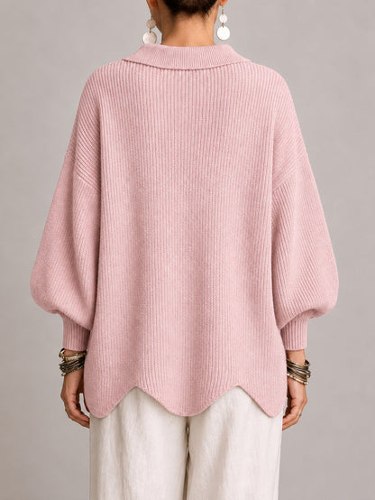 Cardigan rosa Donna Oversize a Coste con Bottoni Dorati e Orlo Smerlato