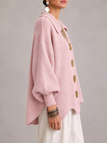 Cardigan rosa Donna Oversize a Coste con Bottoni Dorati e Orlo Smerlato