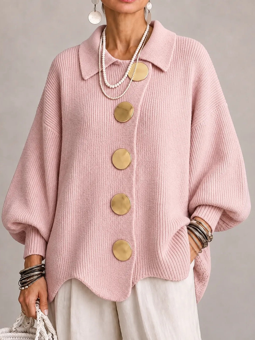 Cardigan rosa Donna Oversize a Coste con Bottoni Dorati e Orlo Smerlato