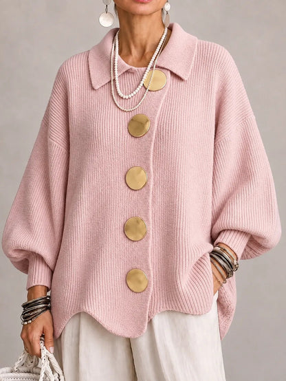 Cardigan rosa Donna Oversize a Coste con Bottoni Dorati e Orlo Smerlato
