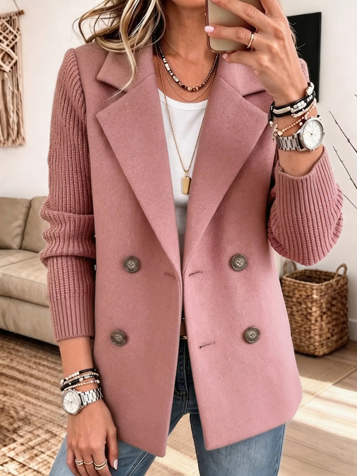 Blazer Donna Elegante in Maglia Bicolore con Maniche Lunghe