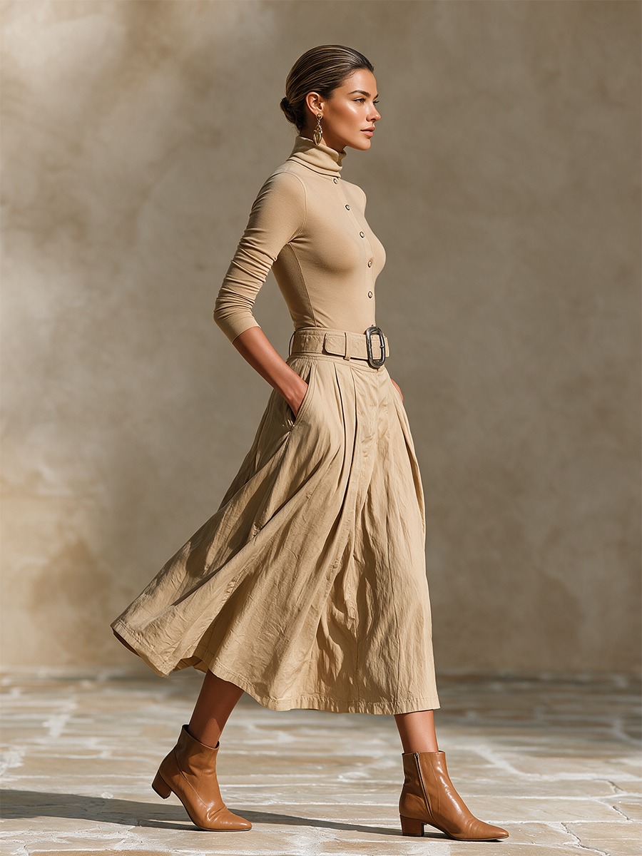 Completo da Donna per Ufficio con Top a Collo Alto, Cintura e Gonna Lunga Plissettata