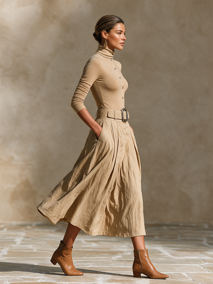 Completo da Donna per Ufficio con Top a Collo Alto, Cintura e Gonna Lunga Plissettata