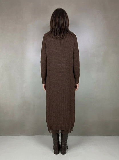 Elga | Abito Lungo in Maglia con Spacco e Sottoveste con Bordo in Pizzo, Cioccolato