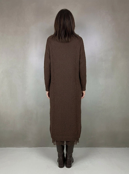 Elga | Abito Lungo in Maglia con Spacco e Sottoveste con Bordo in Pizzo, Cioccolato