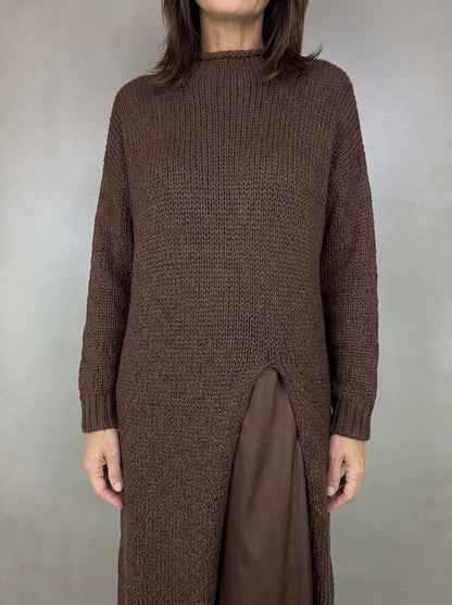 Elga | Abito Lungo in Maglia con Spacco e Sottoveste con Bordo in Pizzo, Cioccolato