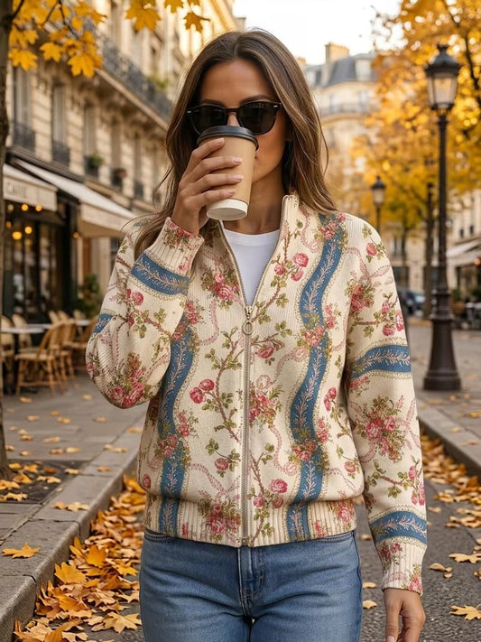 Cardigan Donna in Maglia Crema con Stampa Floreale a Nastri