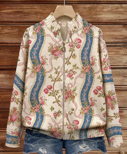 Cardigan Donna in Maglia Crema con Stampa Floreale a Nastri