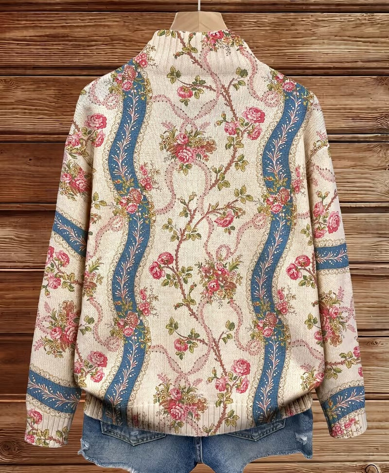 Cardigan Donna in Maglia Crema con Stampa Floreale a Nastri