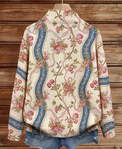 Cardigan Donna in Maglia Crema con Stampa Floreale a Nastri