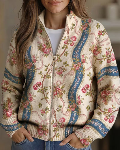 Cardigan Donna in Maglia Crema con Stampa Floreale a Nastri