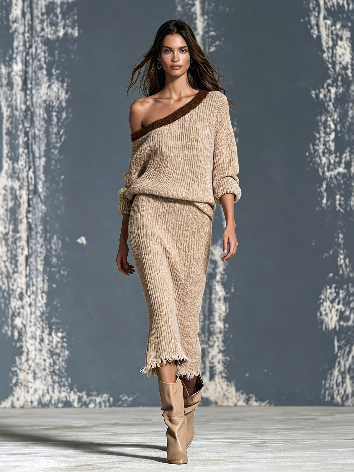 Completo da Donna in Maglia Cammello con Top Monospalla e Gonna Midi con Bordo a Contrasto