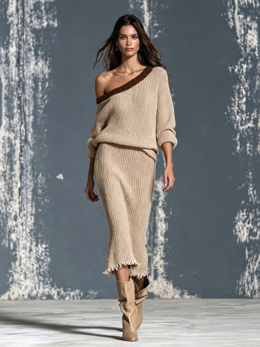 Completo da Donna in Maglia Cammello con Top Monospalla e Gonna Midi con Bordo a Contrasto