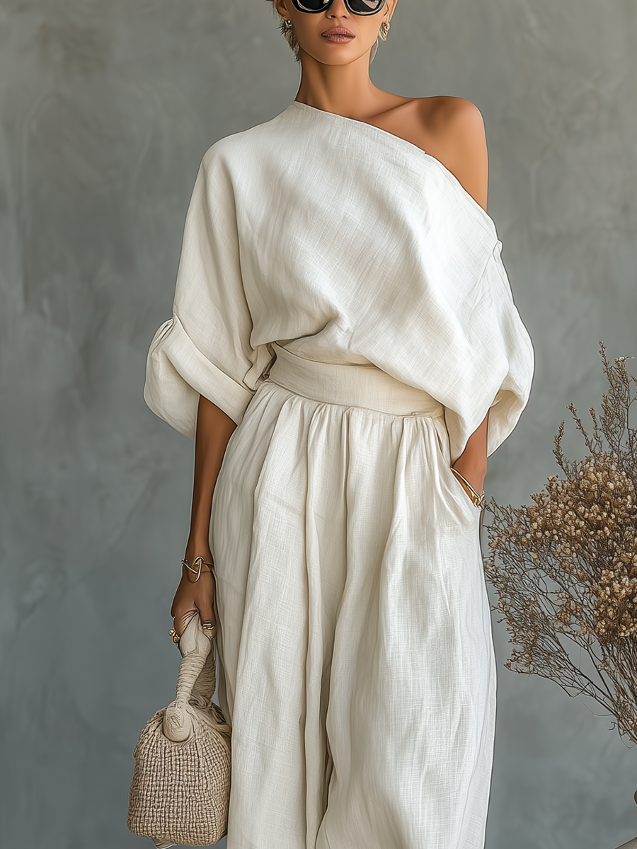 Completo Donna in Lino Color Panna con Top Monospalla e Pantaloni Affusolati