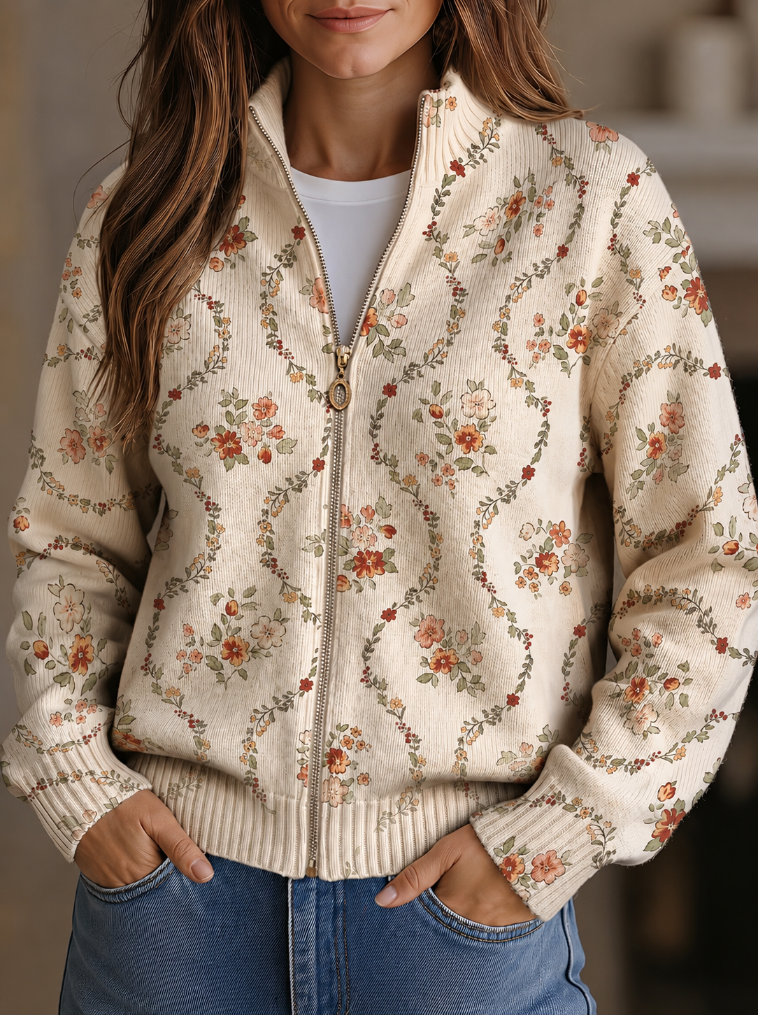 Cardigan Donna in Maglia Crema con Stampa Floreale