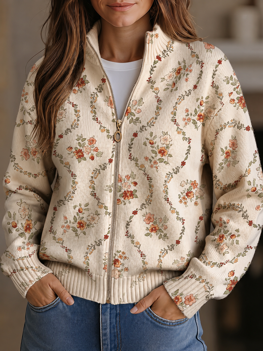 Cardigan Donna in Maglia Crema con Stampa Floreale