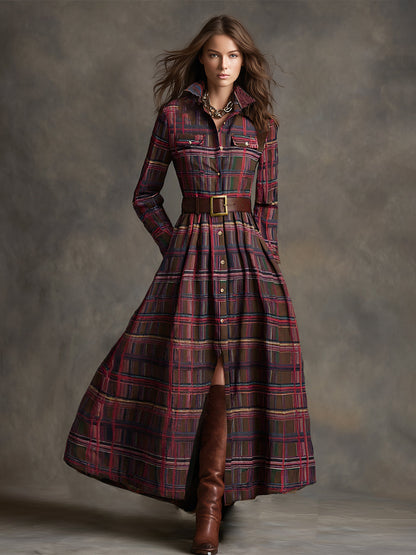 Abito Maxi Donna a Quadri Rosso Marrone con Colletto e Cintura