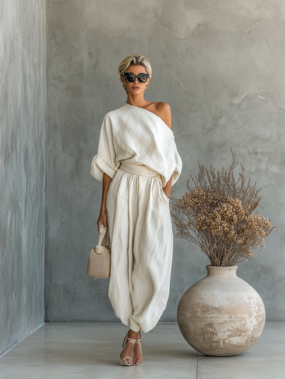 Completo Donna in Lino Color Panna con Top Monospalla e Pantaloni Affusolati