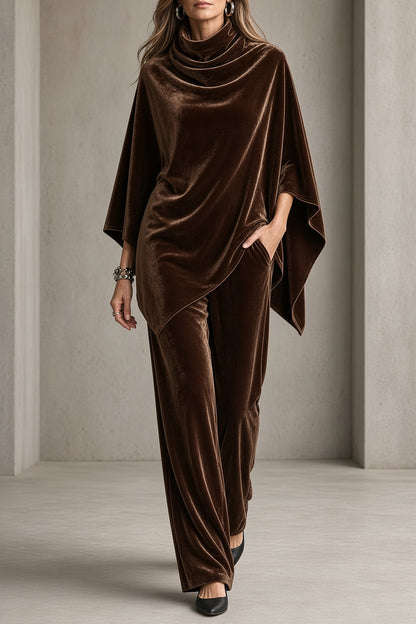 Completo Donna in Velluto Drappeggiato con Top a Collo Cowl e Pantaloni Palazzo