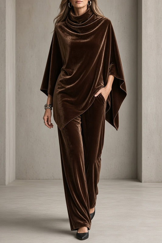 Completo Donna in Velluto Drappeggiato con Top a Collo Cowl e Pantaloni Palazzo