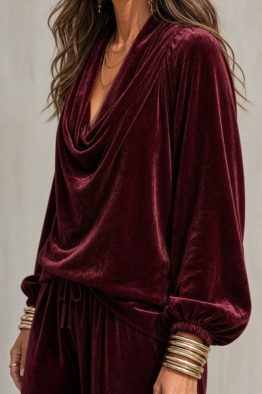 Completo Donna in Velluto con Scollo Drappeggiato e Pantaloni Fluidi