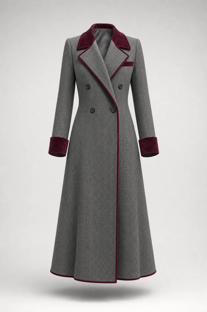 Cappotto Donna Lungo in Lana Spigata con Dettagli in Velluto