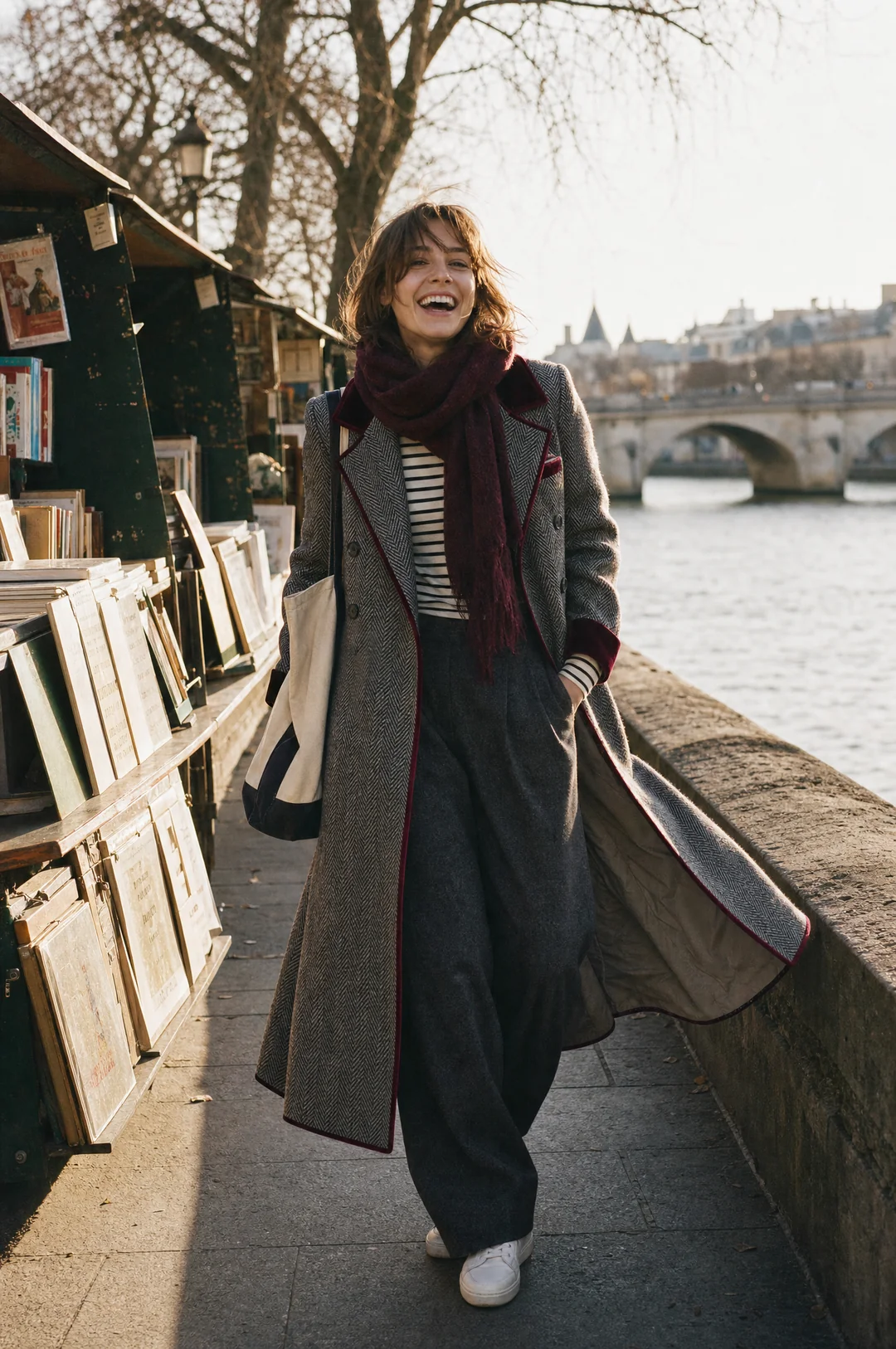 Cappotto Donna Lungo in Lana Spigata con Dettagli in Velluto
