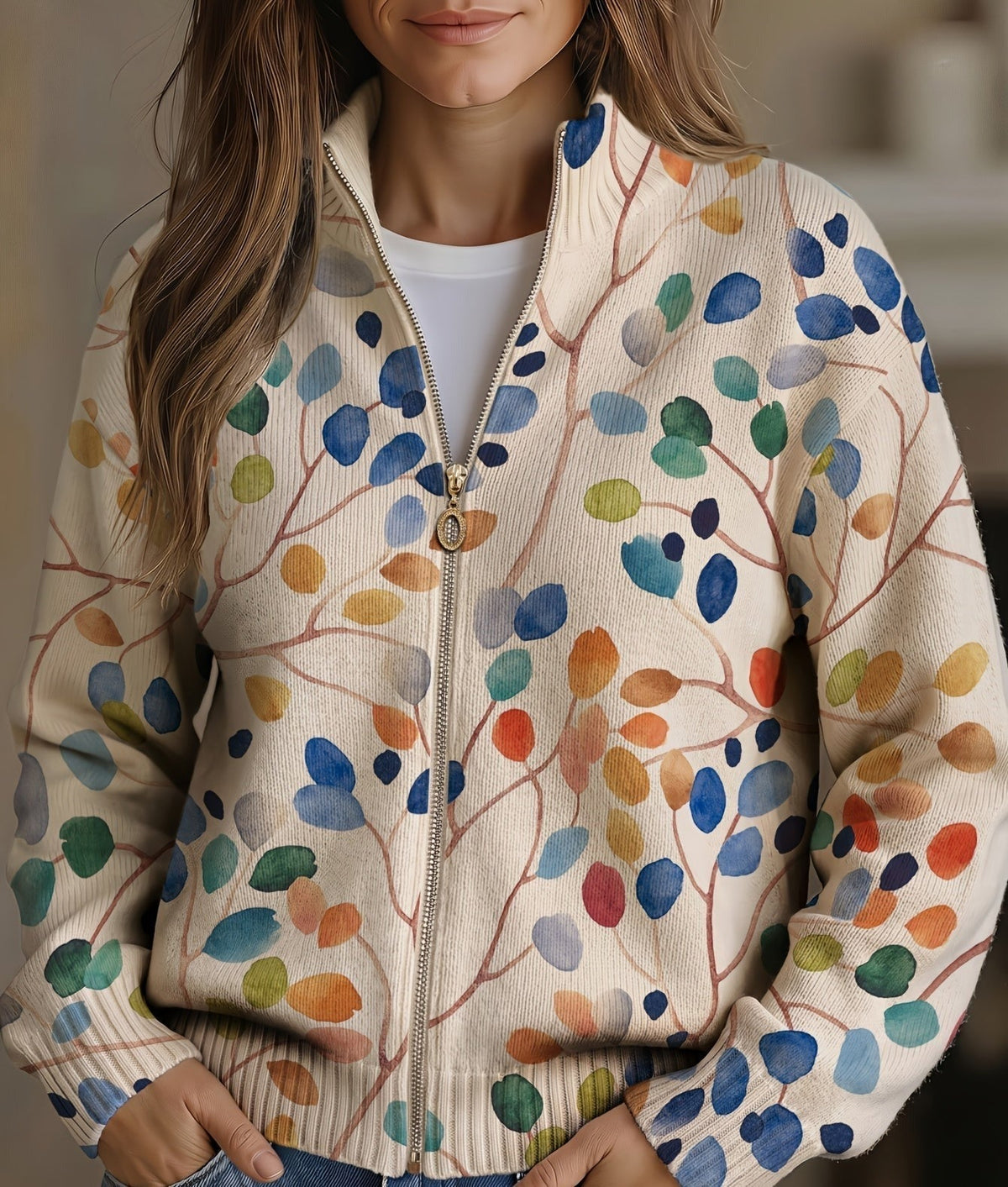Cardigan Donna in Maglia Crema con Stampa Floreale Botanica