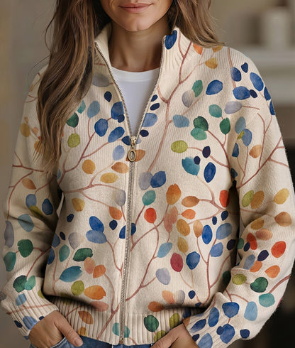 Cardigan Donna in Maglia Crema con Stampa Floreale Botanica