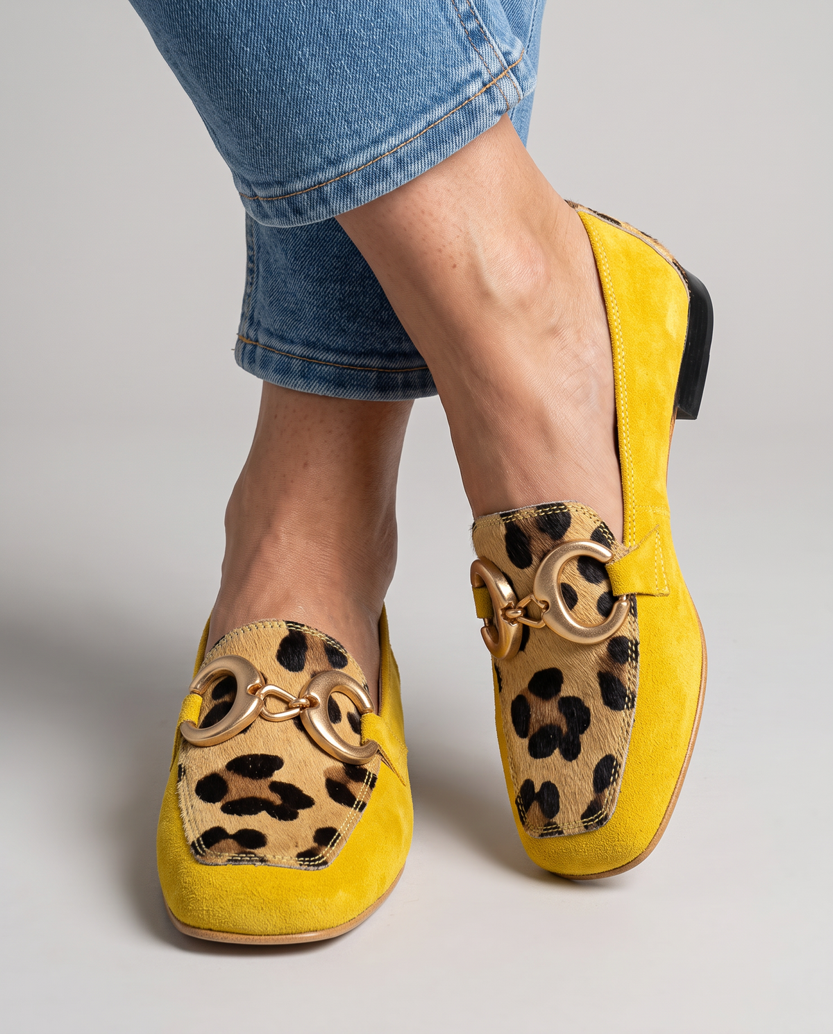 Mocassini Donna Gialli con Stampa Leopardata e Morsetto Dorato