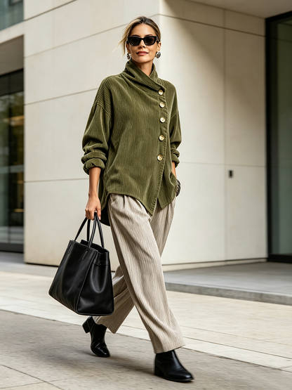 Cardigan Donna in Velluto a Coste con Collo Alto e Bottoni Asimmetrici