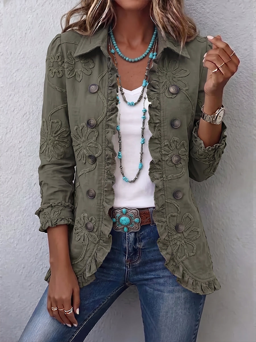 Giacca Donna Boho Chic con Ricami Floreali e Dettagli con Volant