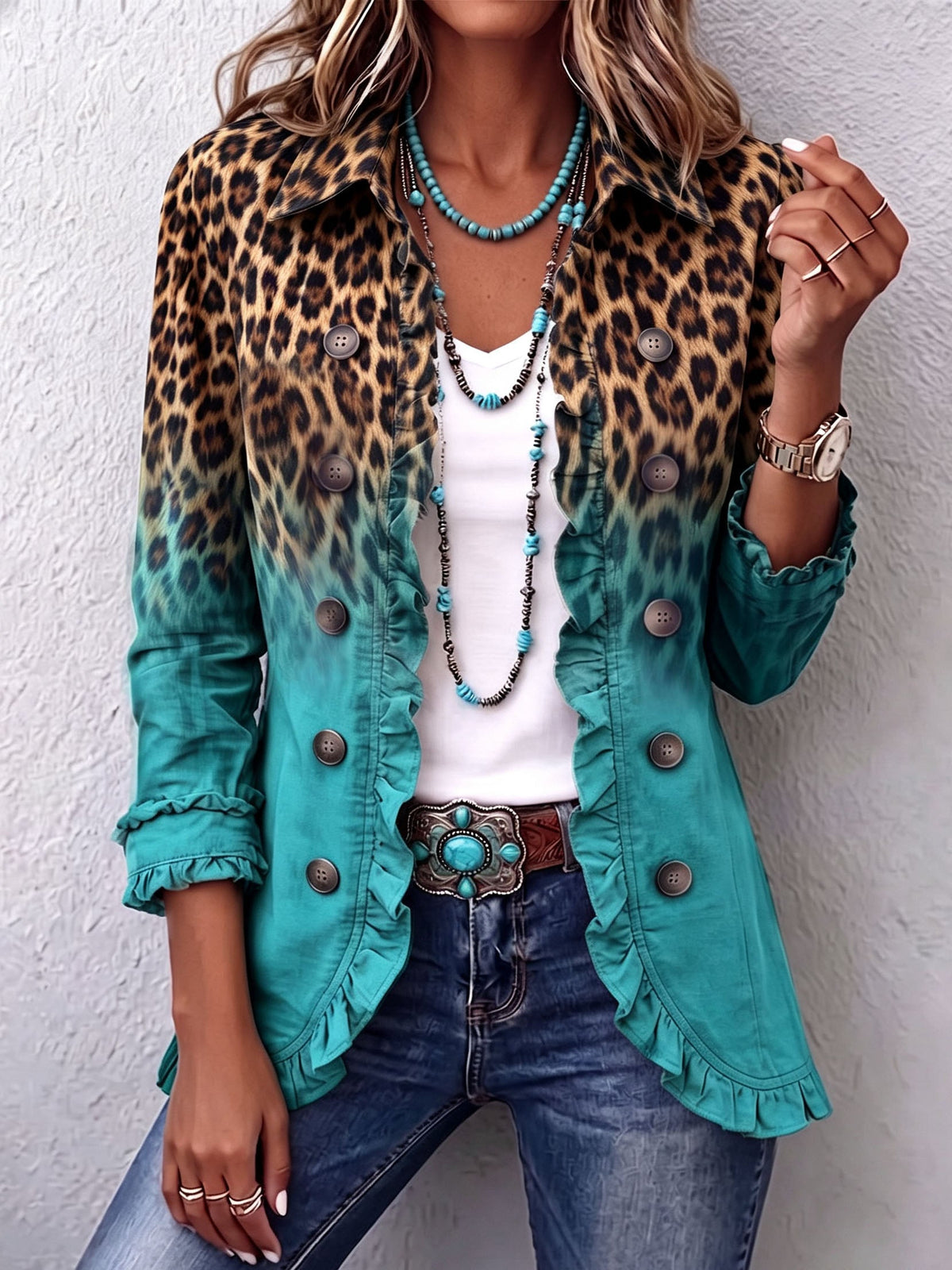 Giacca Donna Boho Western con Stampa Leopardata e Volant
