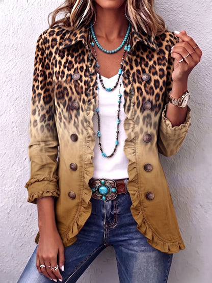 Giacca Donna Boho Western con Stampa Leopardata e Volant