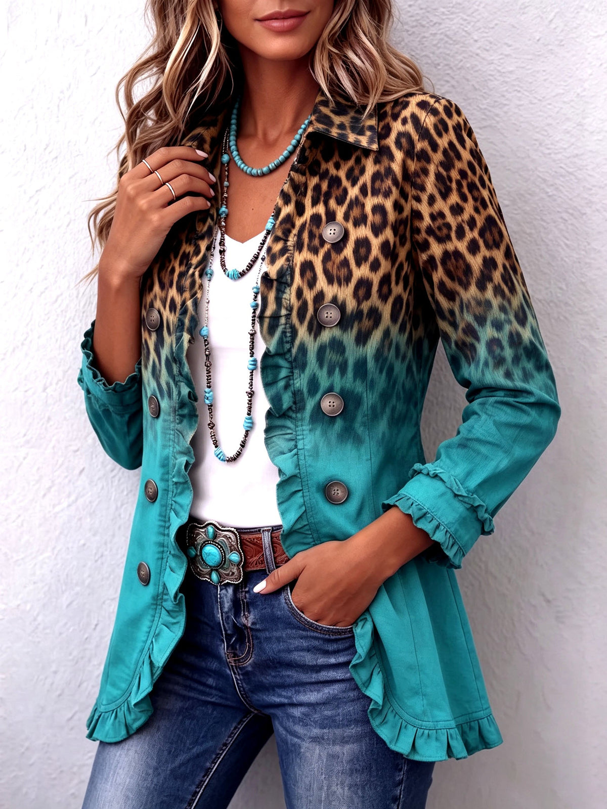 Giacca Donna Boho Western con Stampa Leopardata e Volant