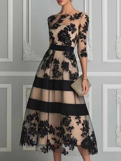 Abito Midi Donna in Tulle con Pizzo Floreale Nero e Vita Definita