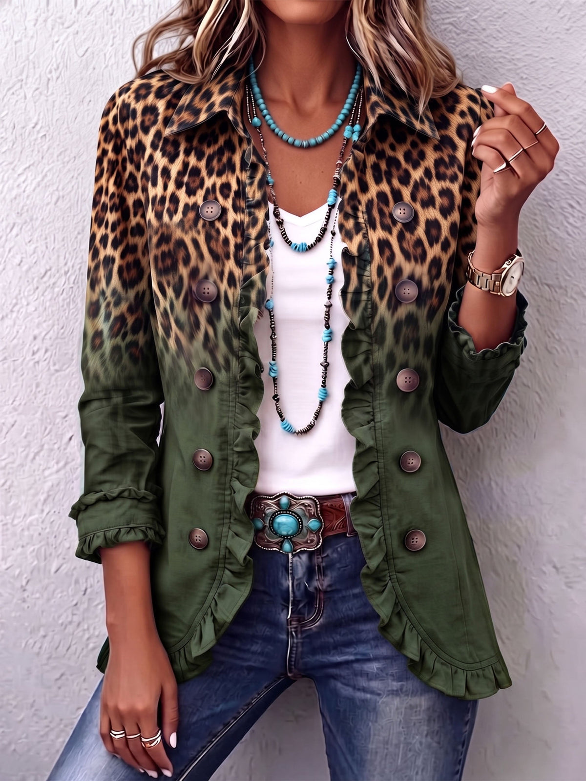Giacca Donna Boho Western con Stampa Leopardata e Volant
