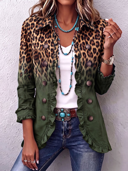 Giacca Donna Boho Western con Stampa Leopardata e Volant