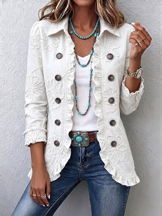 Giacca Donna Boho Chic con Ricami Floreali e Dettagli con Volant