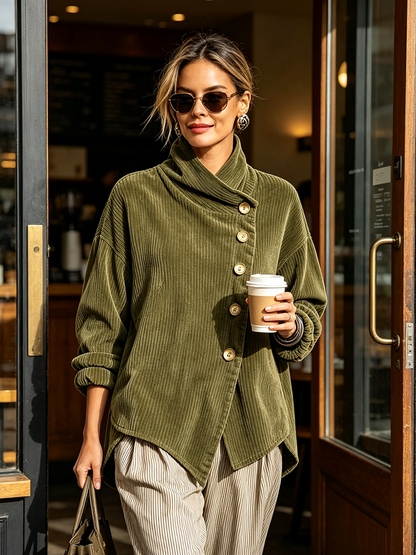 Cardigan Donna in Velluto a Coste con Collo Alto e Bottoni Asimmetrici