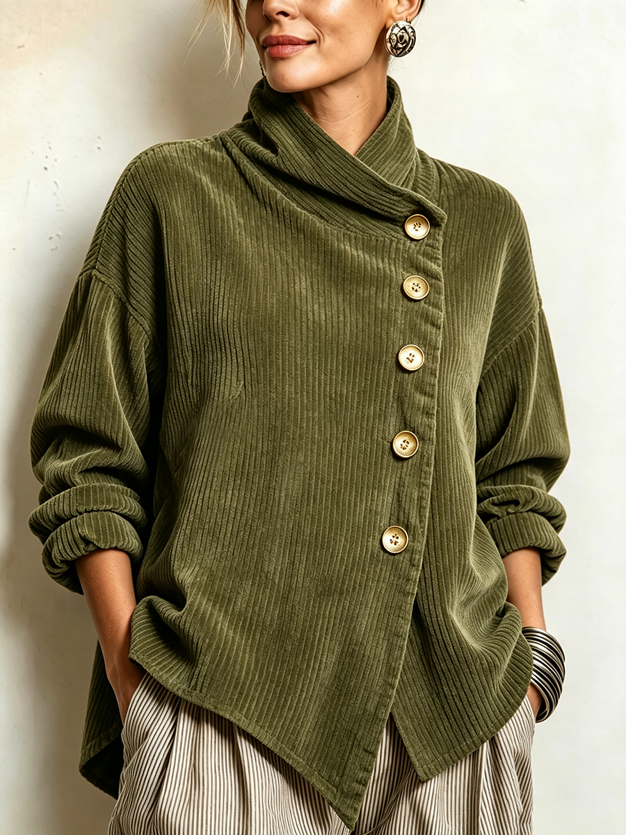 Cardigan Donna in Velluto a Coste con Collo Alto e Bottoni Asimmetrici