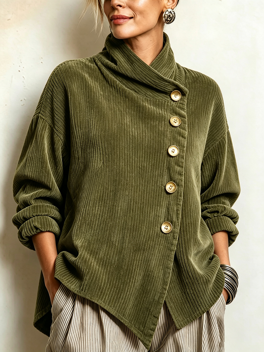 Cardigan Donna in Velluto a Coste con Collo Alto e Bottoni Asimmetrici
