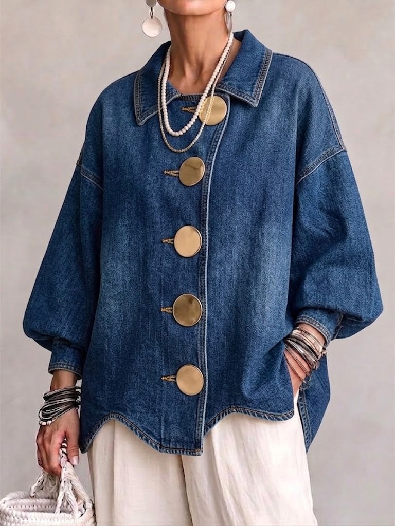 Giacca Donna in Denim Oversize con Colletto e Bottoni Metallici