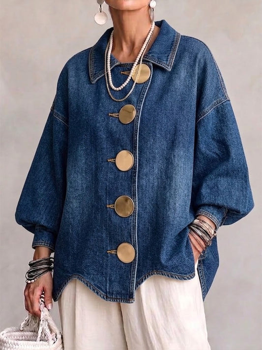 Giacca Donna in Denim Oversize con Colletto e Bottoni Metallici