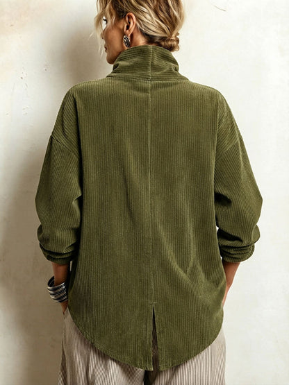 Cardigan Donna in Velluto a Coste con Collo Alto e Bottoni Asimmetrici