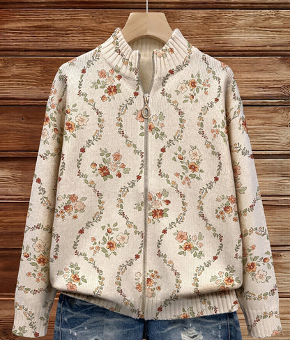 Cardigan Donna in Maglia Crema con Stampa Floreale